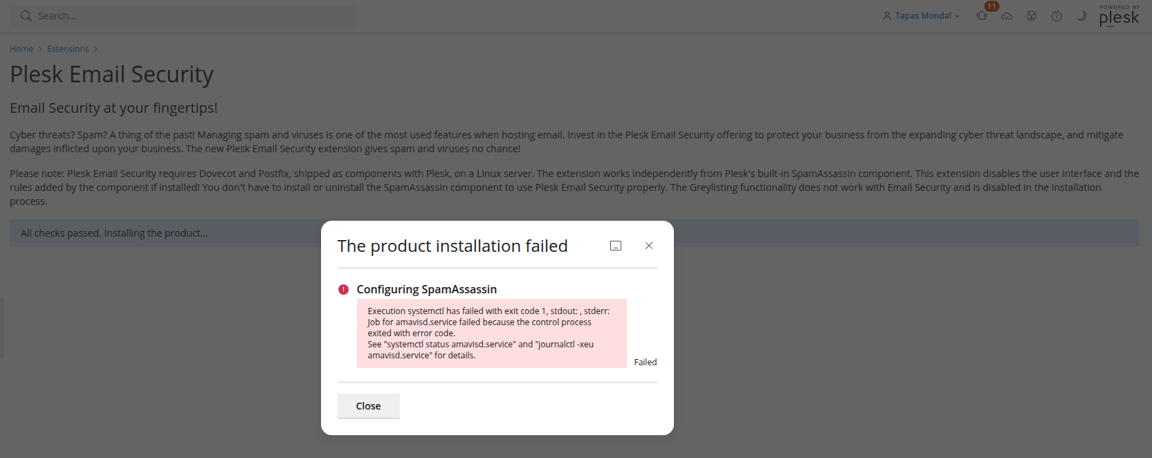 “amavisd.service failed” error when installing Plesk Email Security extension